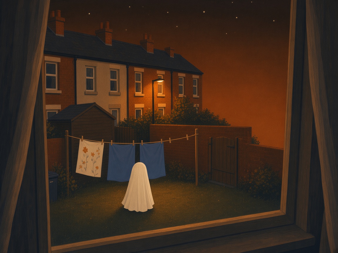 Seen from a bedroom window at night: a white sheet standing on its own in the middle of the lawn, facing the house, with three sheets left on the washing line.