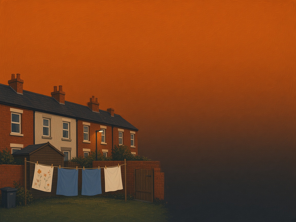 Four sheets on a washing line in a back garden at dusk, with a street lamp coming on in the alley behind the wall.
